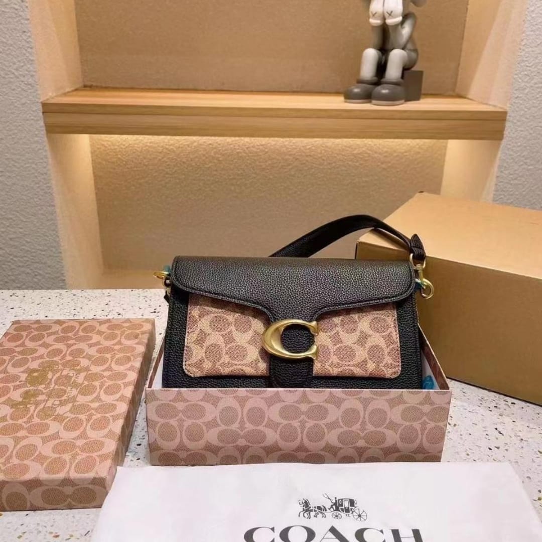 Coach Plaque Apricot Black Shoulder Bag (With Box)