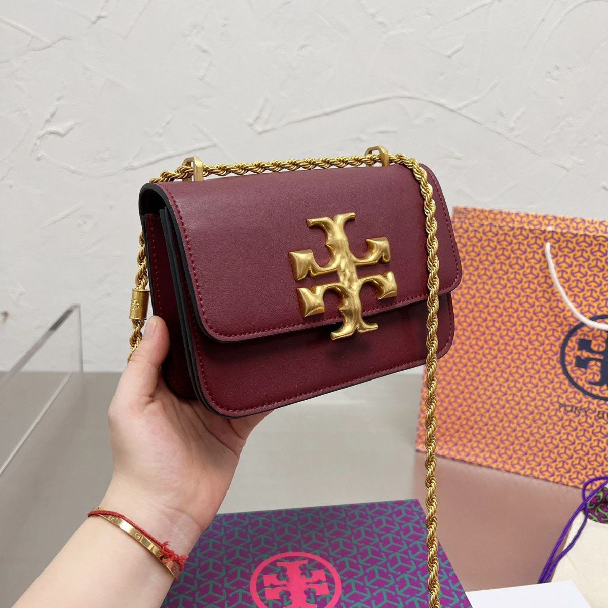 13e79098-59b9-4679-a6a7-71c971ab9801 Tory Burch Eleanor Maroon Sling Bag (With Box)
