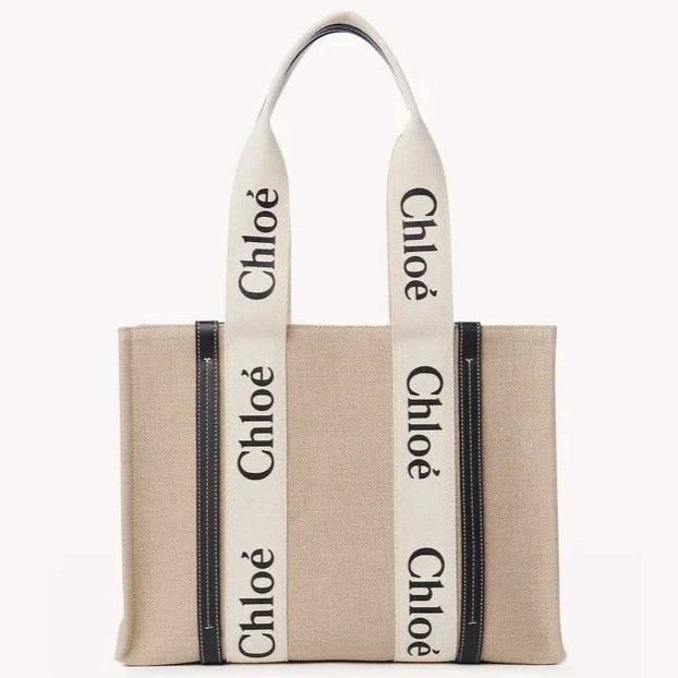 Chloe Woody Canvas Beige Black Large Tote