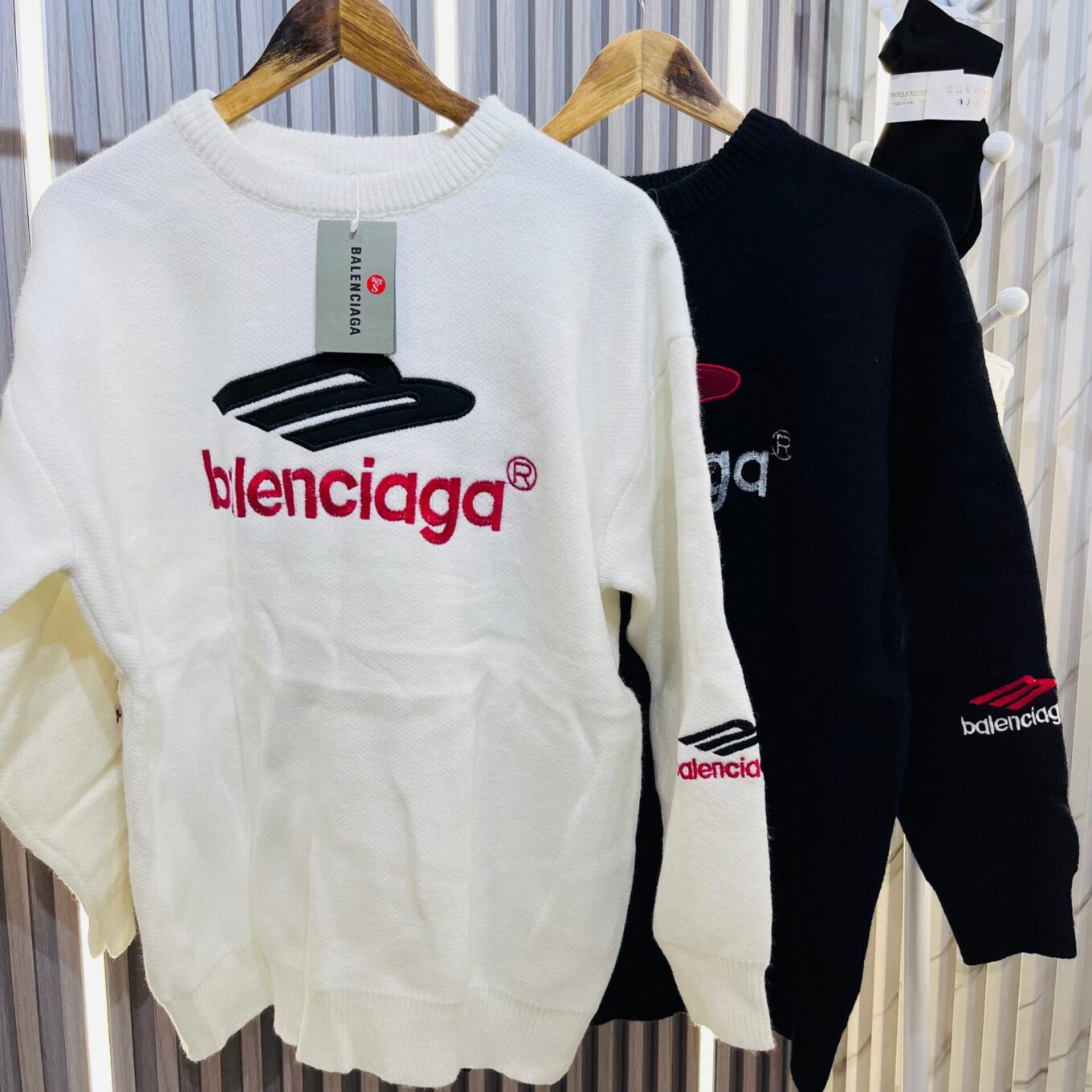 Balenciaga Round Neck White Long Sweater With Matching Long Socks