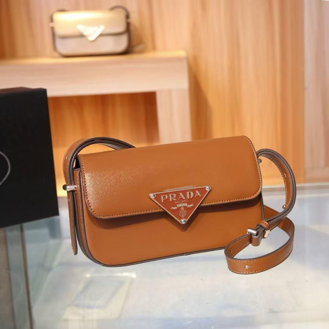 Prada Triangle Logo Flap Brown Color Shoulder Bag (With Box)