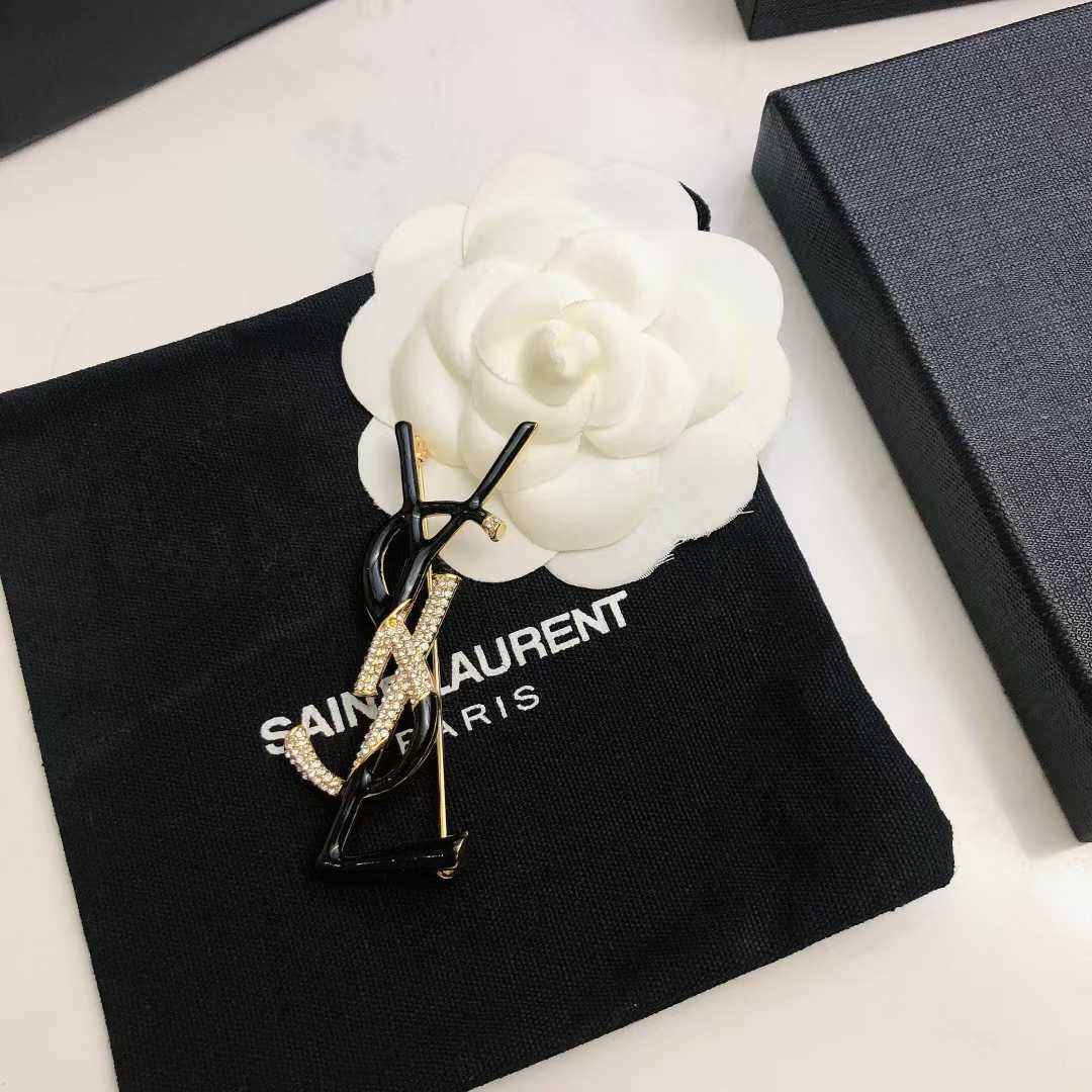 YSL Black Golden Logo Brooch