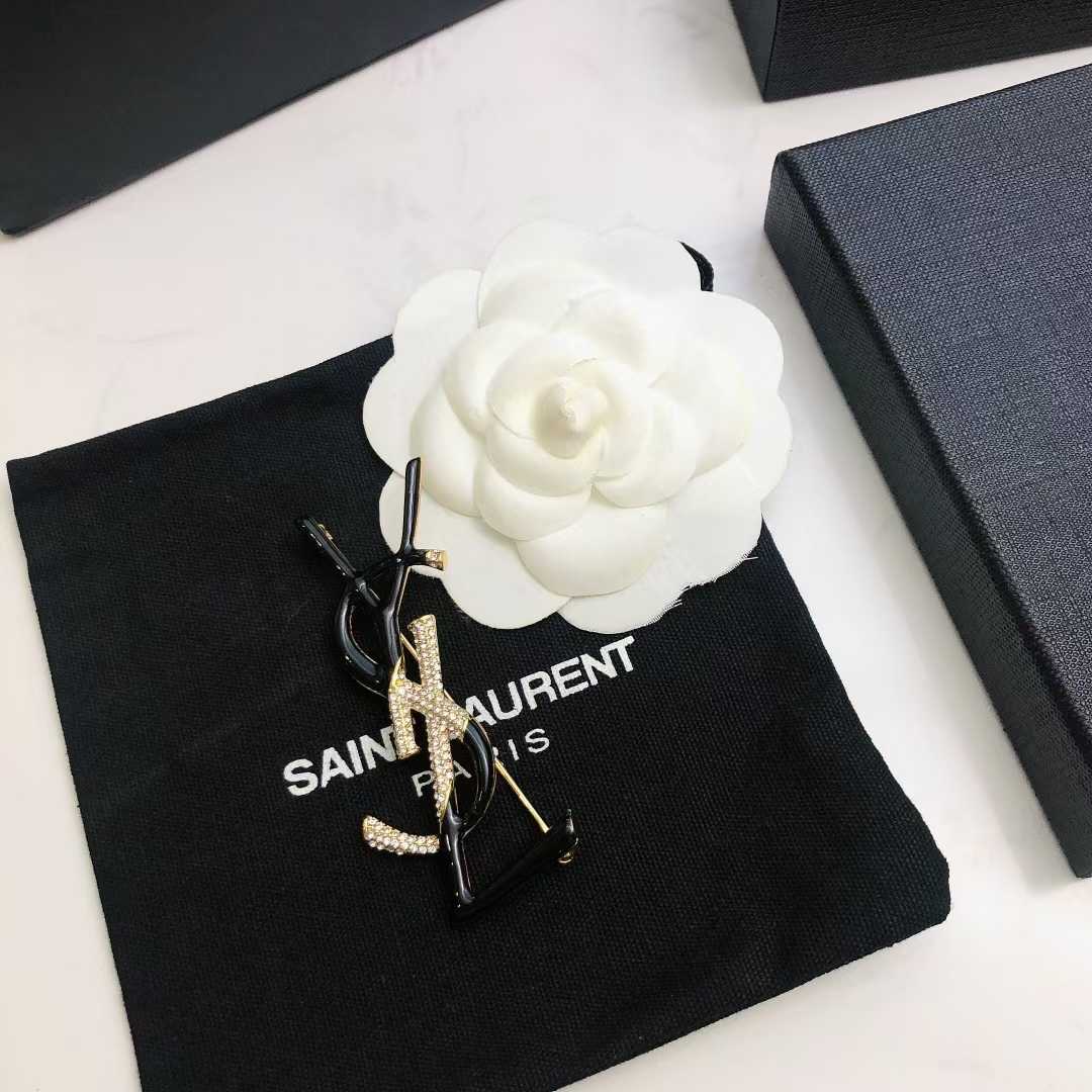 YSL Black Golden Logo Brooch