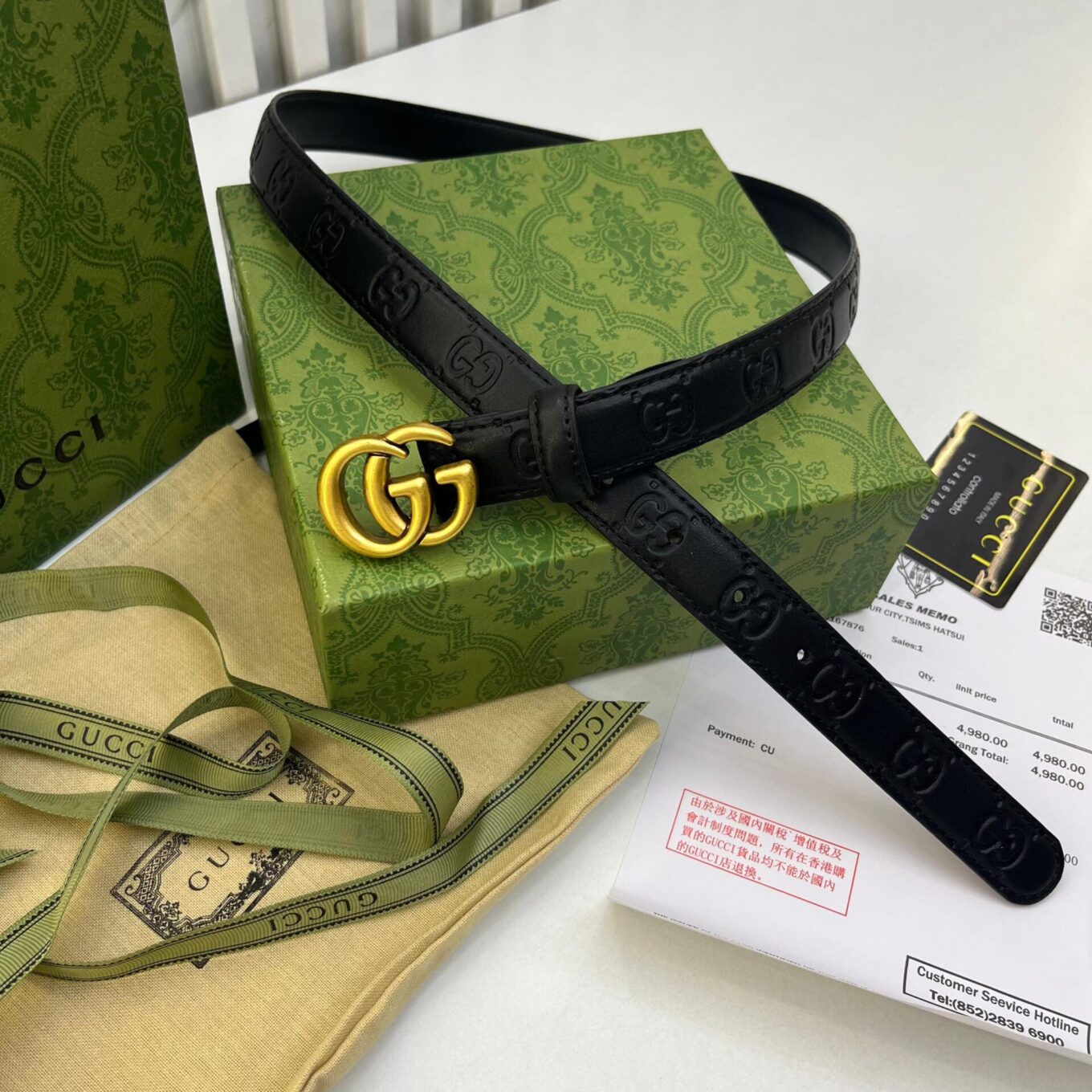 Gucci GG Embossed Black Slim Belt For Women