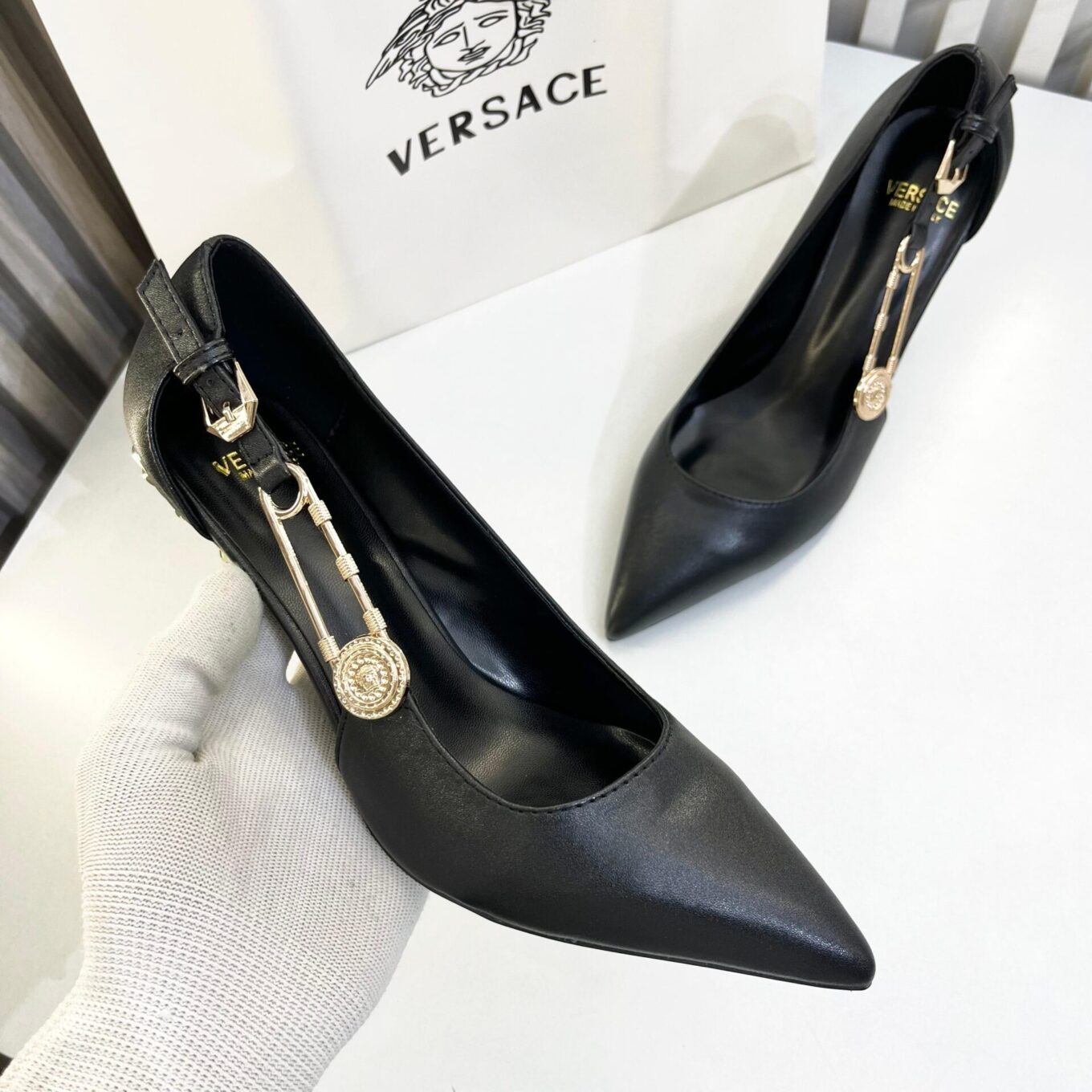 Versace Black Safety Pin Pump Heel For Women