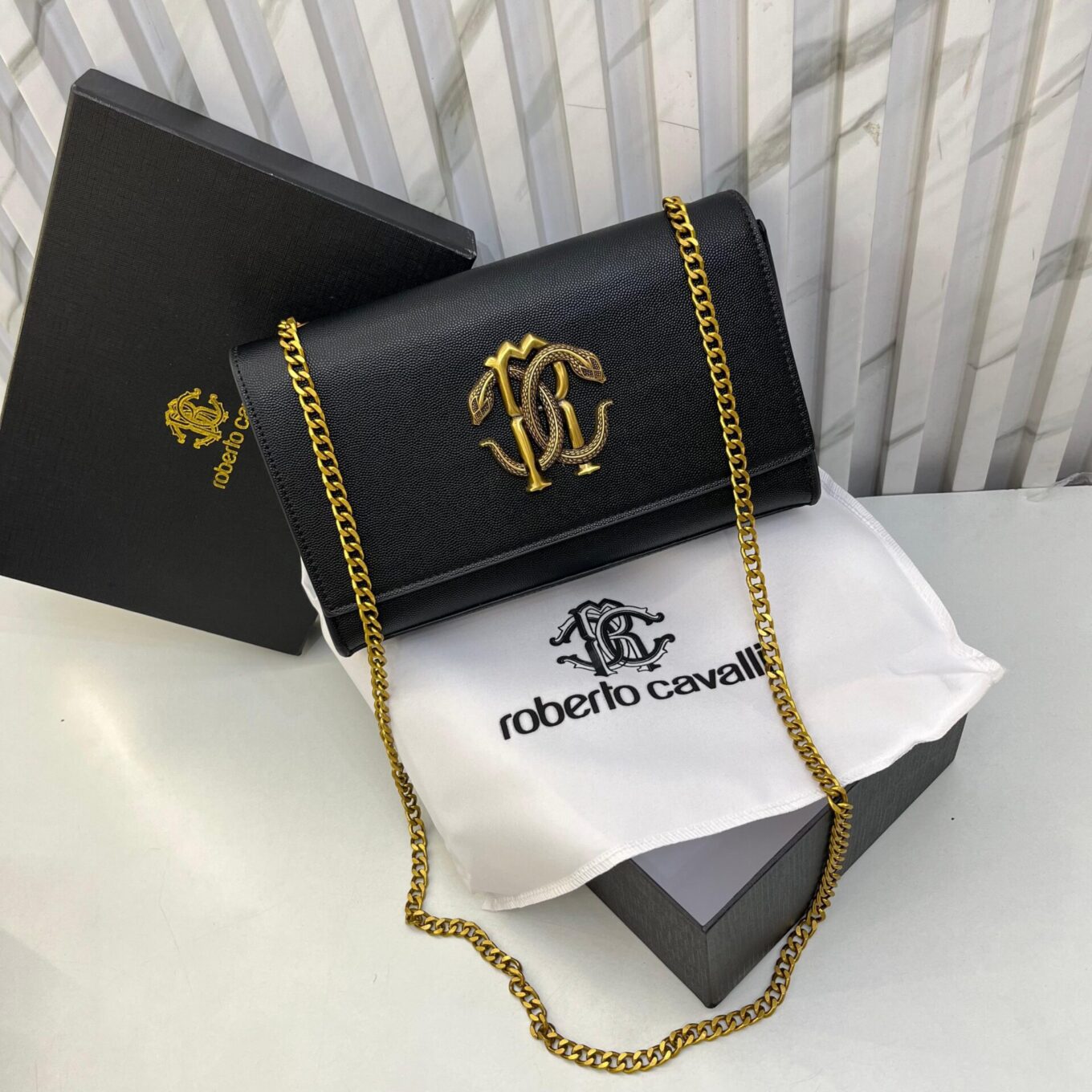 Roberto Cavali Mirror Snake Black Sling Bag (With Box)