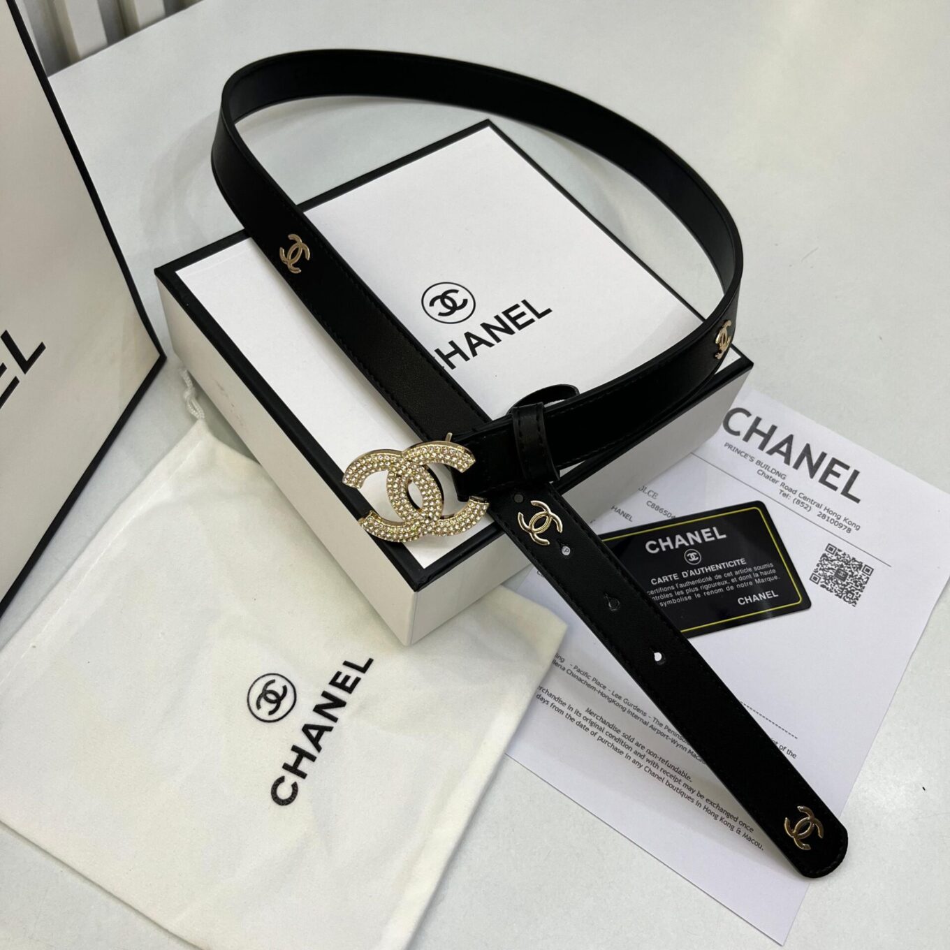 Chanel Crystal Embellished Black CC Logo Buckle Belt
