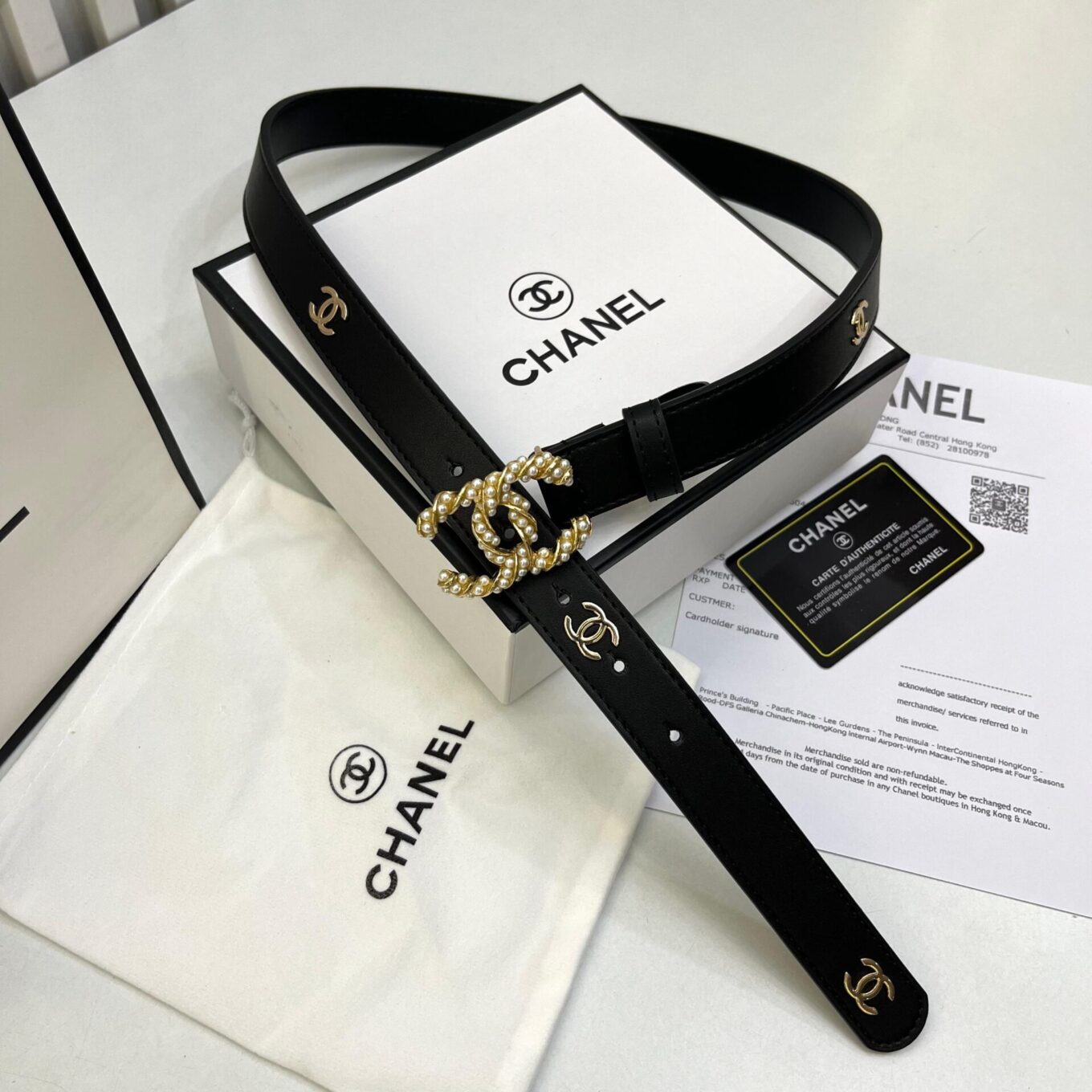 Chanel Black Pearl Embellished CC Logo Buckle Belt