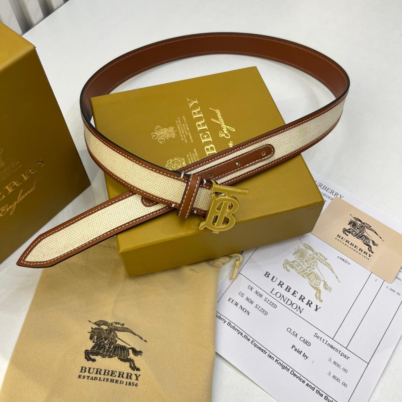 Burberry Canvas Leather TB Monogram Buckle Belt