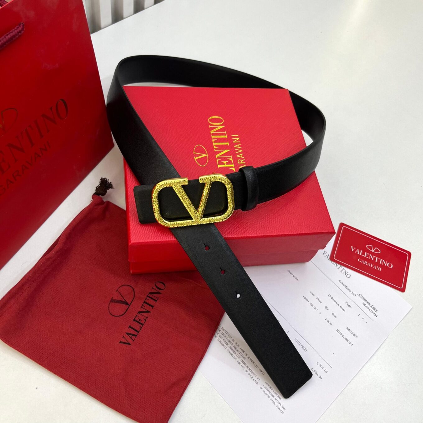 Valentino Garavani Gold V Logo Black Belt