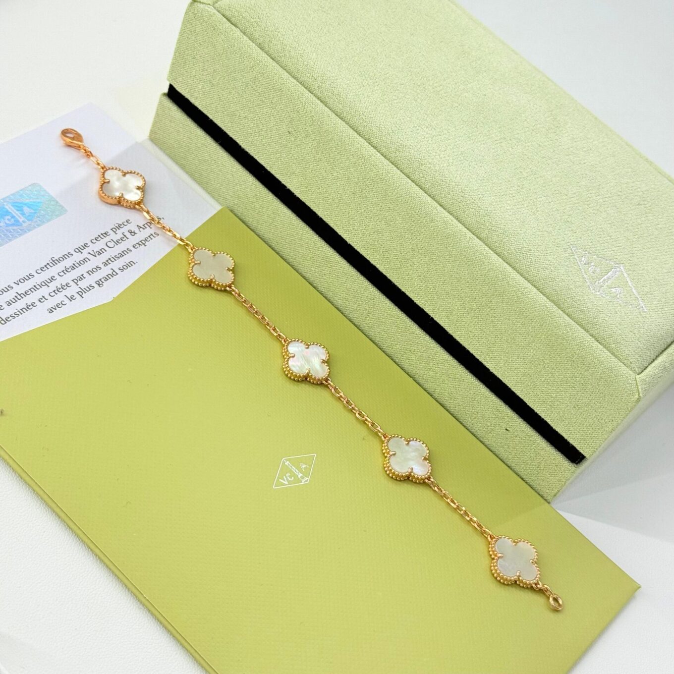 WhatsApp Image 2025-09-05 at 5.54.04 PM Van Cleef Alhambra White Marble Clover Rose Gold Color Bracelet