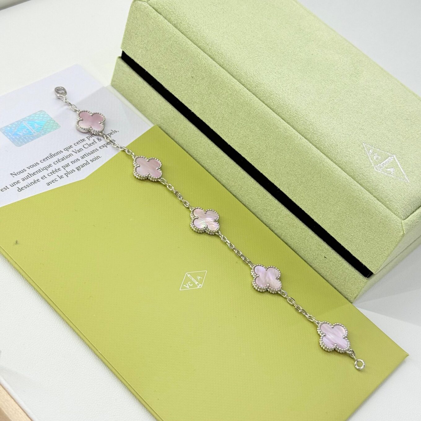 WhatsApp Image 2025-09-05 at 5.59.47 PM Van Cleef Alhambra Pink Pastel Clover Silver Color Bracelet