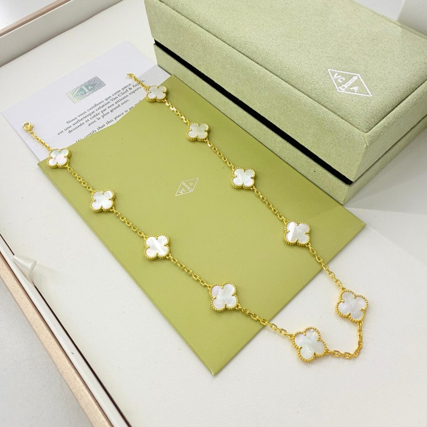 Van Cleef Alhambra White Marble Clover Gold Color Necklace