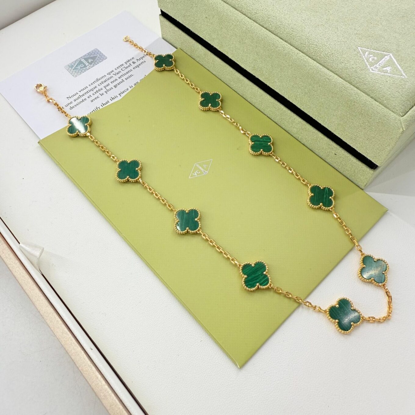 Van Cleef Alhambra Green Marble Clover Rose Gold Color Necklace