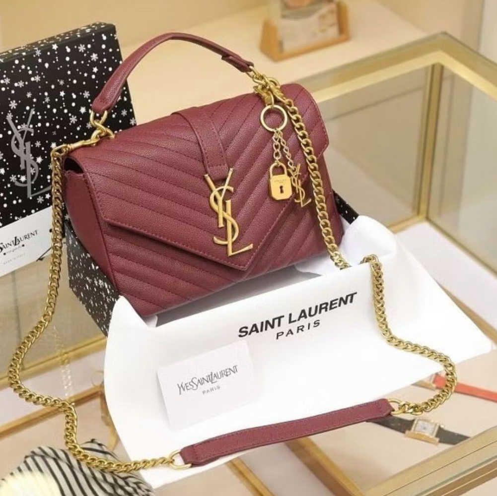 Ysl Grain Matelasse Wine Medium Satchel Bag (With Box)