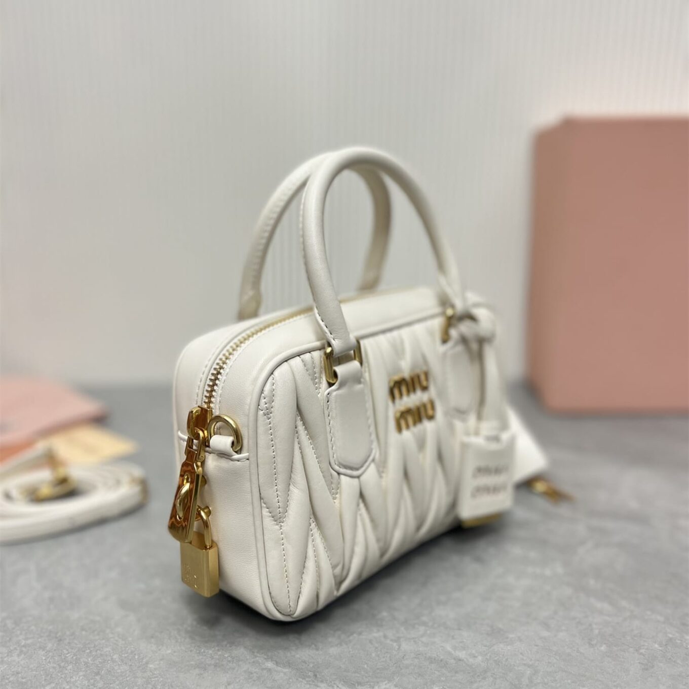Miu Miu Arcadie Matlasse Nappa White  Bowling Bag (With Box)