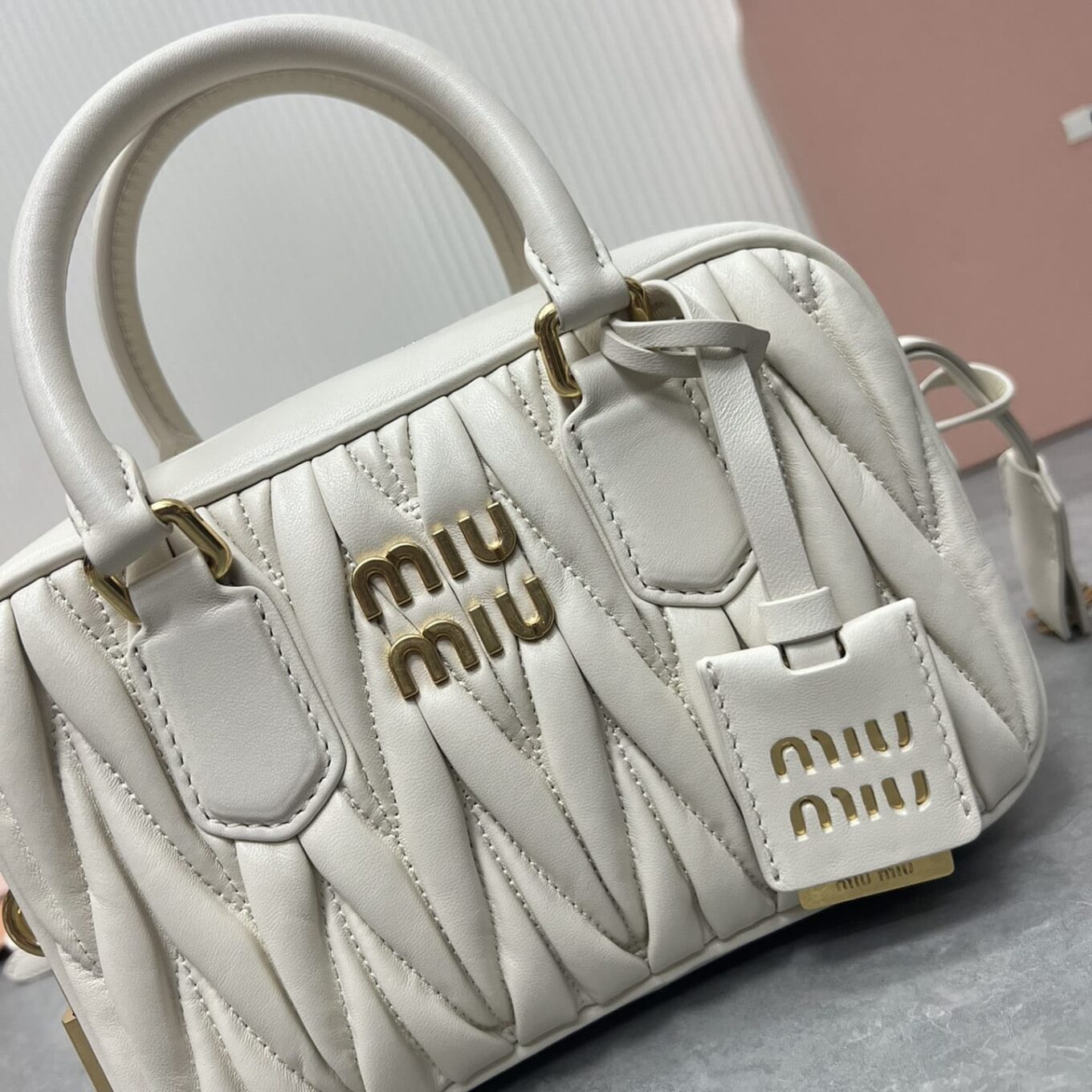 Miu Miu Arcadie Matlasse Nappa White  Bowling Bag (With Box)