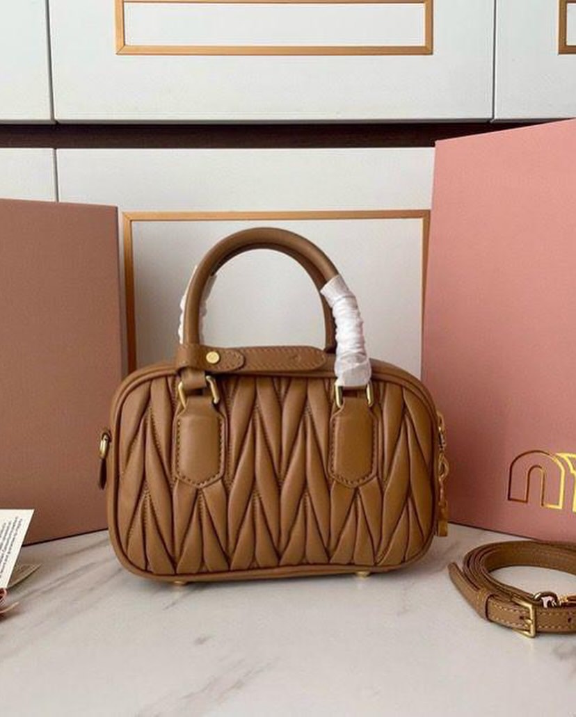 Miu Miu Arcadie Matlasse Nappa Brown Bowling Bag (With Box)