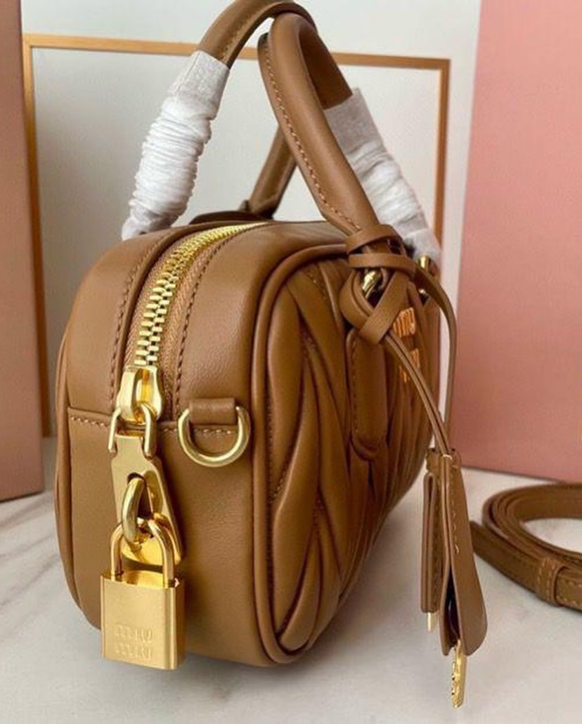 Miu Miu Arcadie Matlasse Nappa Brown Bowling Bag (With Box)