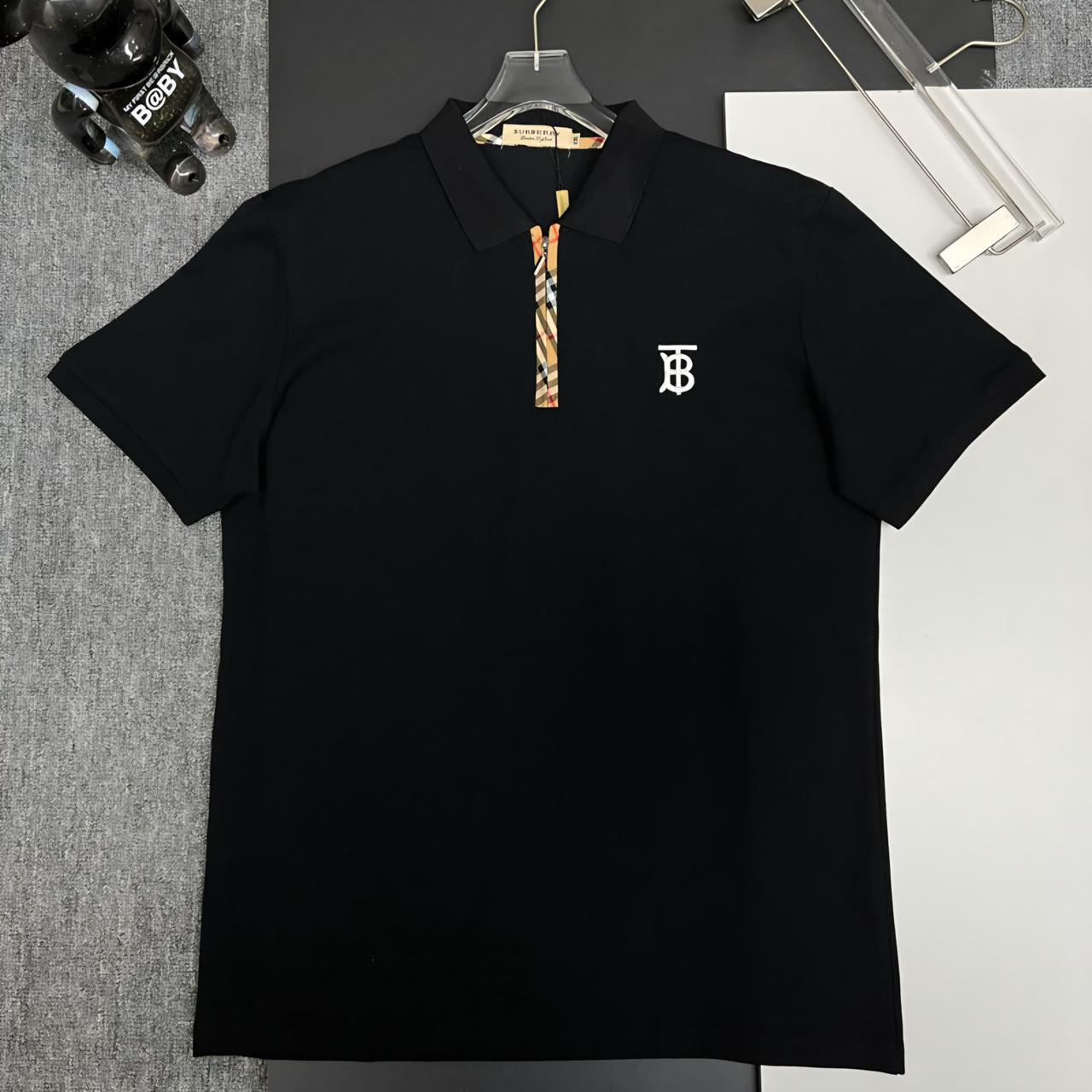 Burberry Black Polo Shirt with Monogram Logo & Check Trim