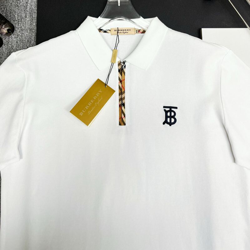 Burberry White Polo Shirt with Monogram Logo & Check Trim
