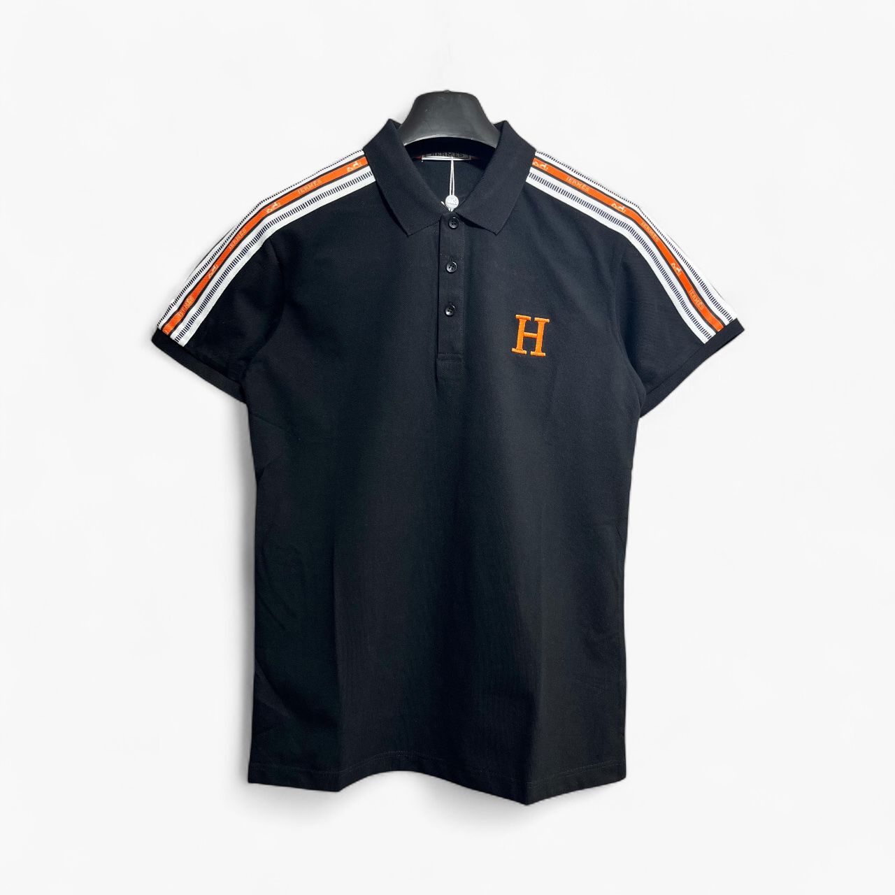 WhatsApp Image 2025-10-11 at 7.45.42 PM (1) Hermes Black Polo With Stripped Shoulder Tshirt