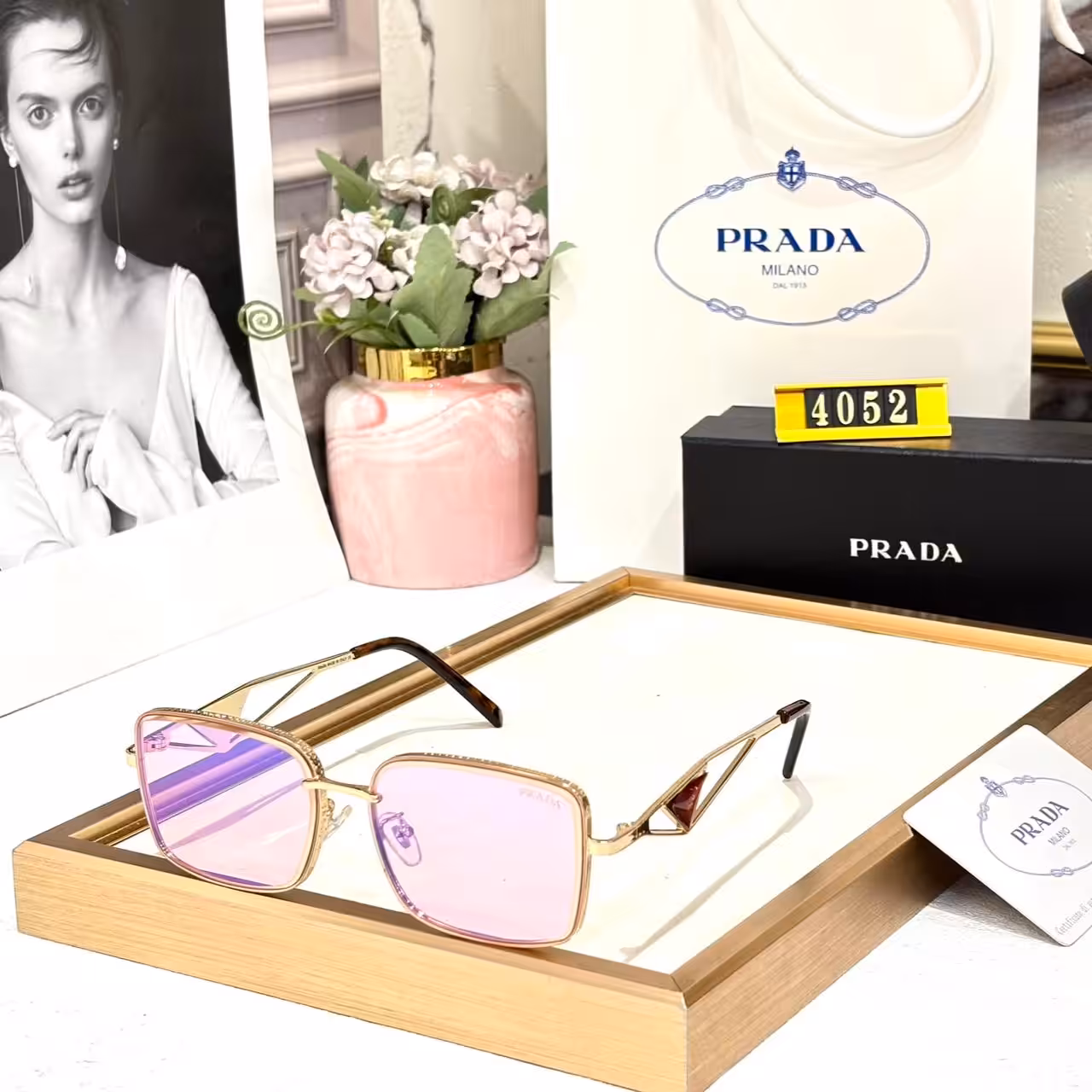 Prada Square Frame Pink Purple Tint Unisex Sunglass