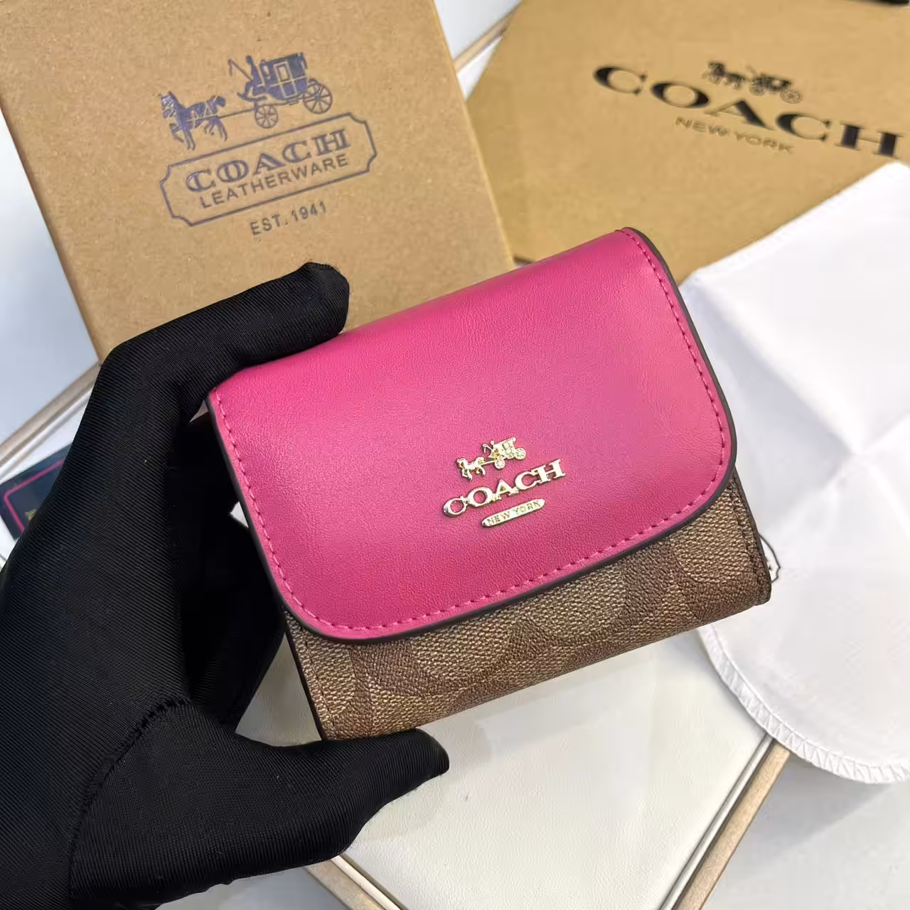 Coach three Fold Apricot Rose Pink Wallet
