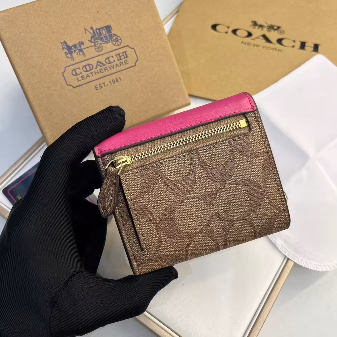 Coach three Fold Apricot Rose Pink Wallet