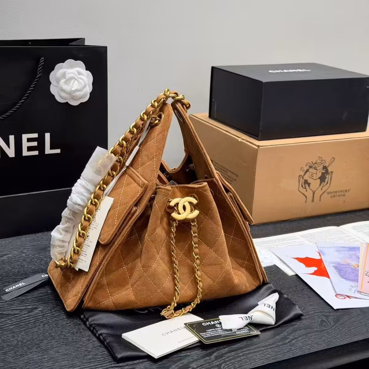 WhatsApp Image 2025-12-08 at 7.28.49 PM Chanel Iconic 25s Brown Colour Sued Premium Hobo Bag (With Box)