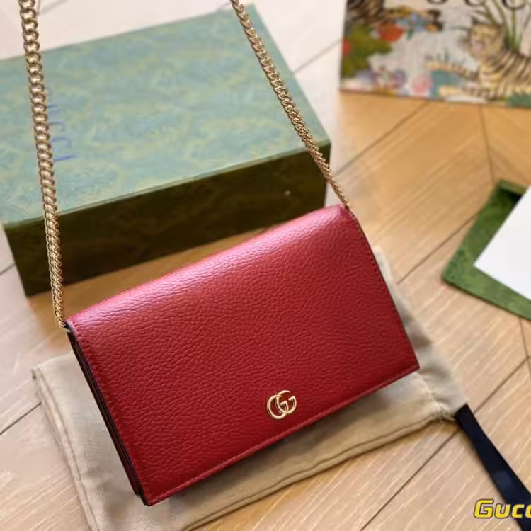 Gucci Marmont Chain Leather Red Sling Bag (With Box)