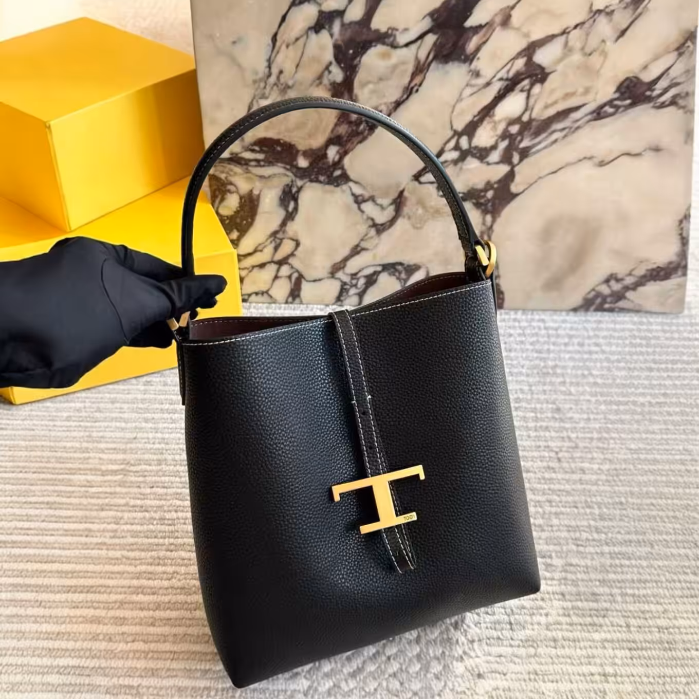 Tods T Timeless Black Bucket Bag (With Box)