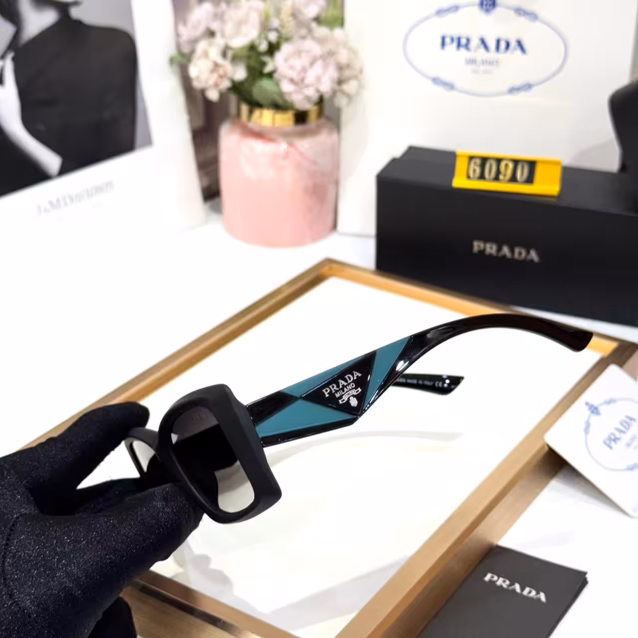 Prada Black and Green Square Unisex Sunglass