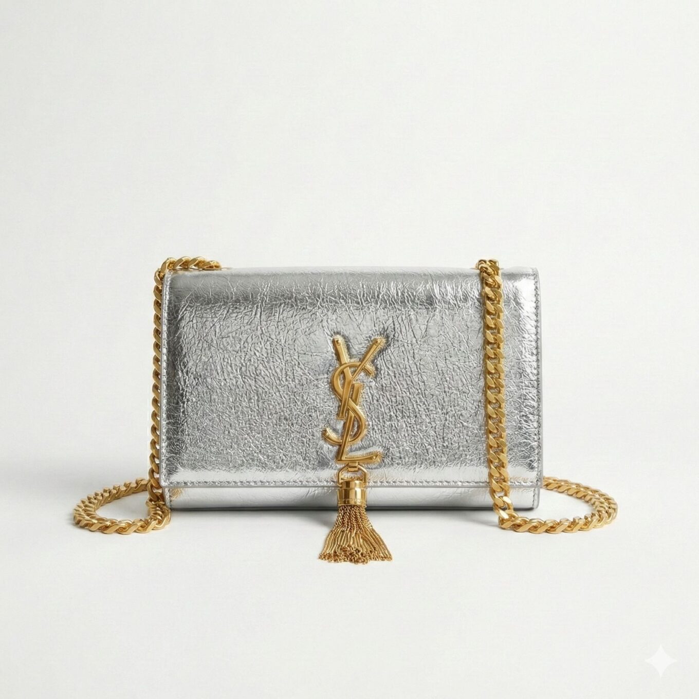 YSL Silver Textured Kate Tassel Sling Bag (With Box)