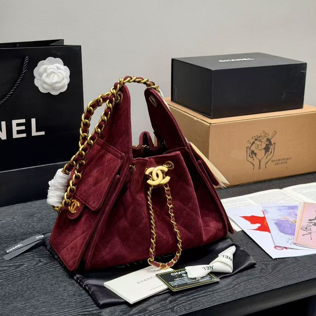 WhatsApp Image 2026-01-21 at 4.30.10 PM Chanel Iconic 25s Wine Color Sued Premium Hobo Bag (With Box)
