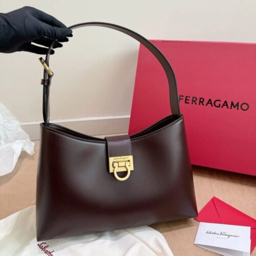 Salvatore Ferragamo Trifolio Coffee Large Shoulder Bag (With Box)